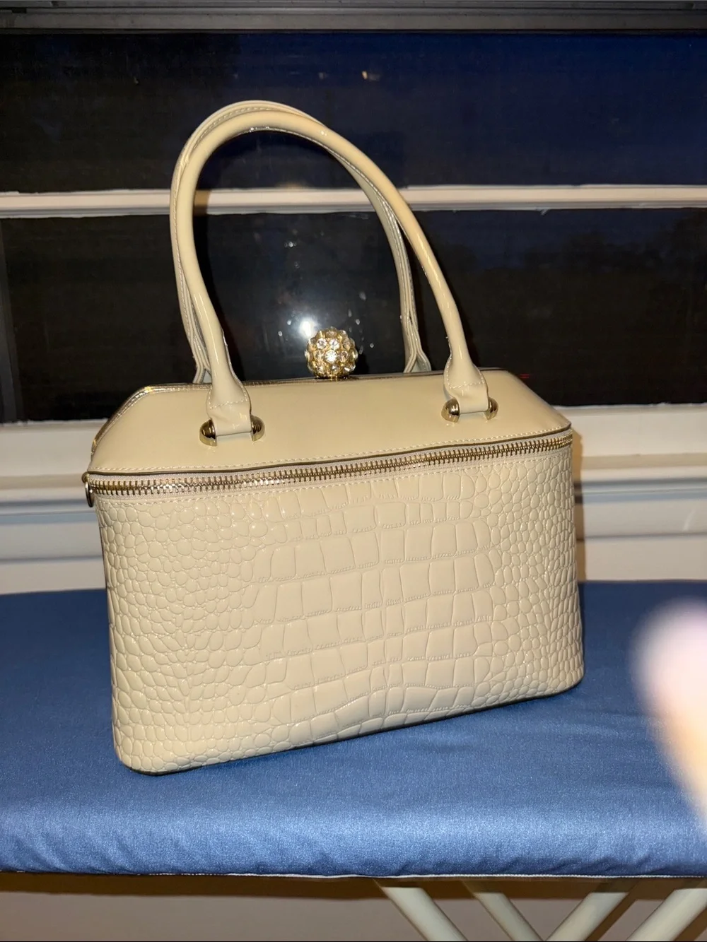Elegant Cream Croc-Embossed Top-Handle Satchel with Jewel Accent